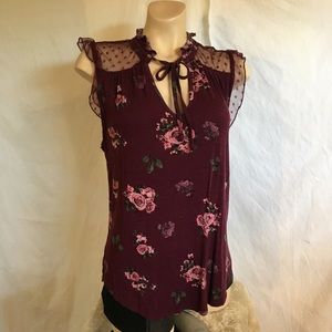 Burgundy flutter sleeve floral top